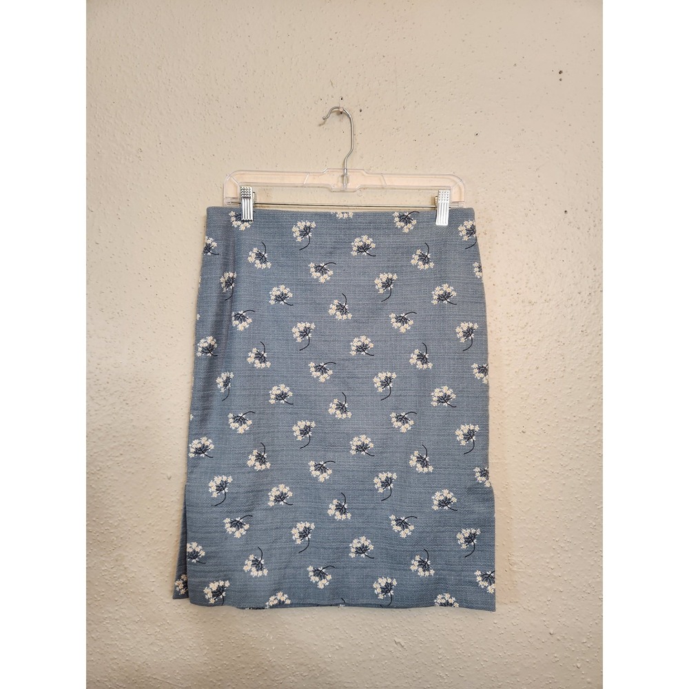 Loft‎ Womens 10 Blue Floral Pencil Skirt Cotton Blend Textured Knee Length Slit